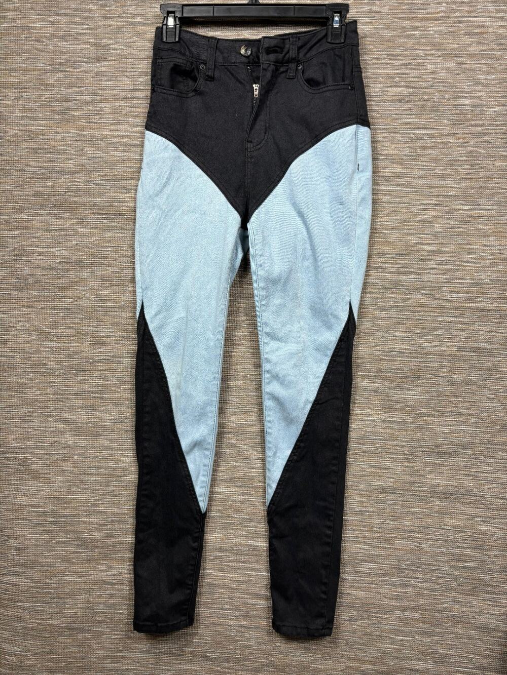 Akira Two Tones Moto Jeans Juniors Size 5 (W26) Black Blue Denim Stretch Biker